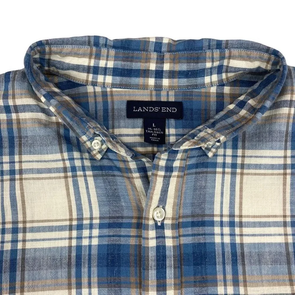 Lands End Shirt Mens Large L Blue‎ Plaid Tailored Fit Long Sleeve Button Down